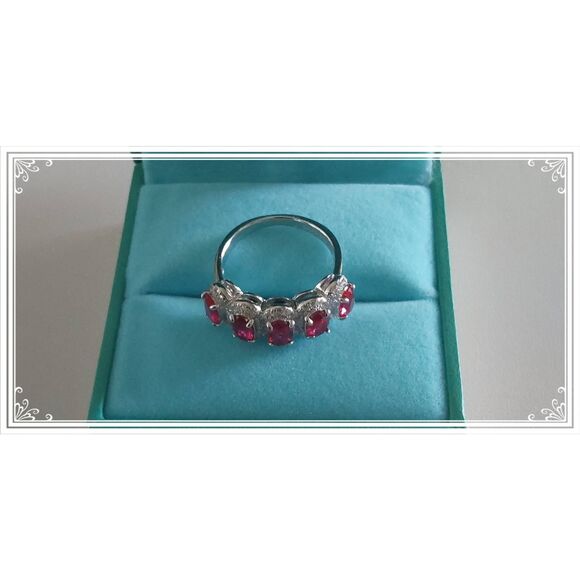 SALE~2.6 Carat Five Oval Ruby & White Sapphire Cocktail Ring Sz 8 - Picture 4 of 5